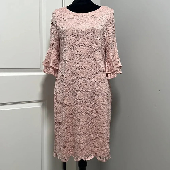 Ronni Nicole || Pink lace knee length ruffle sleeve dress size 10 - Picture 1 of 7